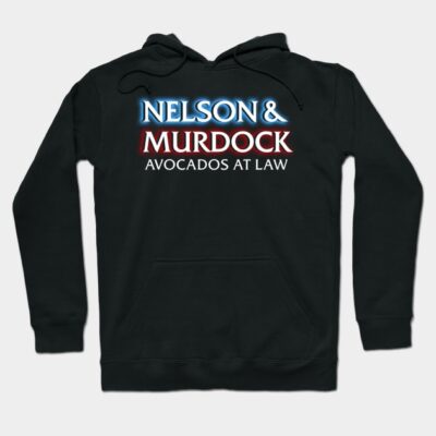 Black hoodie with "Nelson & Murdock Avocados at Law" text, casual wear, cotton material, unisex style.