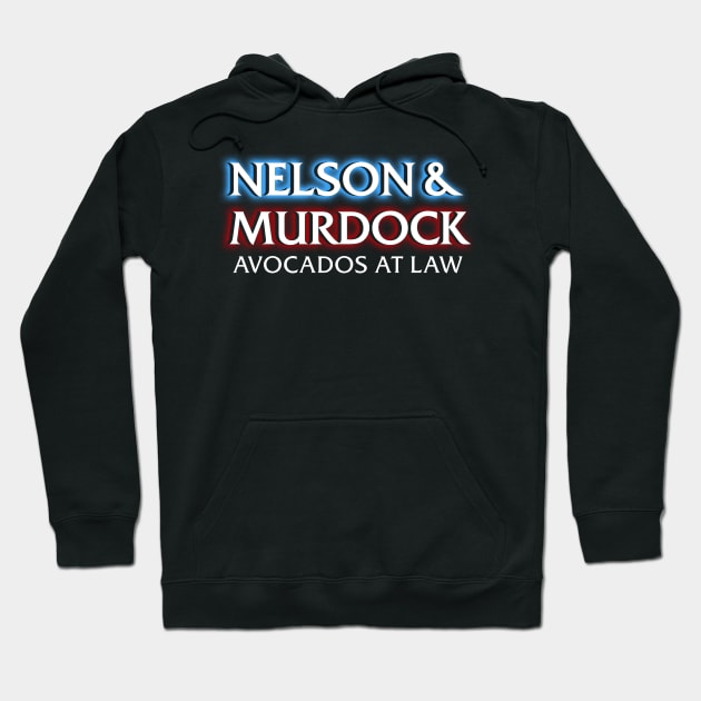 Black hoodie with "Nelson & Murdock Avocados at Law" text, casual wear, cotton material, unisex style.