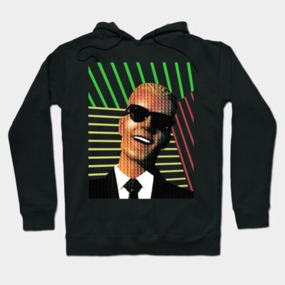 Black graphic hoodie with retro neon design, featuring a smiling figure in sunglasses and suit, casual streetwear style.