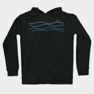Black hoodie with minimalist wave and sun design, cotton material, casual style, perfect for everyday wear.