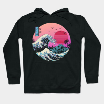 Black hoodie with vibrant retro wave design, featuring pink and blue hues, ideal for casual wear or street style.
