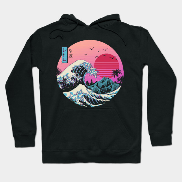 Black hoodie with vibrant retro wave design, featuring pink and blue hues, ideal for casual wear or street style.