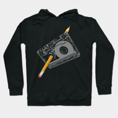 Black hoodie with retro cassette and pencil design, unisex style, comfortable cotton blend for casual wear.
