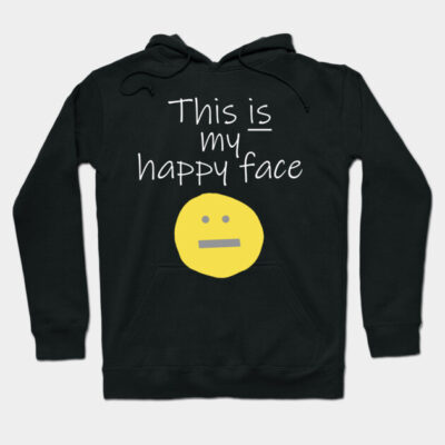 Black hoodie with "This is my happy face" text and yellow emoji design, casual wear, cotton blend.