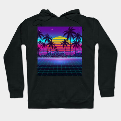 Black hoodie with retro sunset and palm tree graphic, featuring vibrant neon colors, ideal for casual wear.
