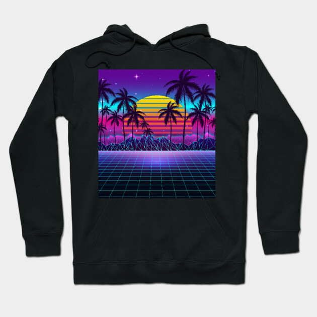 Black hoodie with retro sunset and palm tree graphic, featuring vibrant neon colors, ideal for casual wear.