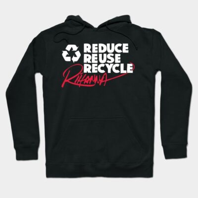 Black eco-friendly hoodie with "Reduce Reuse Recycle" text, casual style, sustainable material.