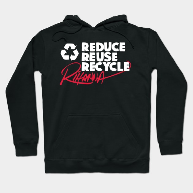 Black eco-friendly hoodie with "Reduce Reuse Recycle" text, casual style, sustainable material.