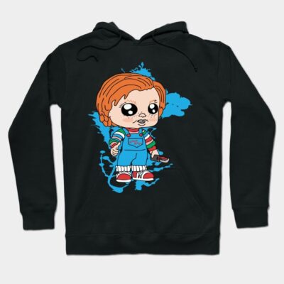 Black hoodie featuring cartoon doll graphic, colorful stripes, perfect for casual wear or gift, cotton blend material.