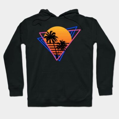 Black hoodie with retro sunset and palm tree design, featuring neon geometric shapes, perfect for casual wear.