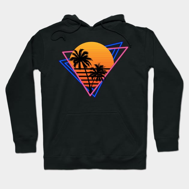 Black hoodie with retro sunset and palm tree design, featuring neon geometric shapes, perfect for casual wear.