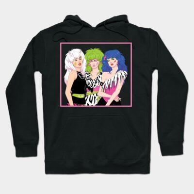 Black hoodie with vibrant retro pop art design, featuring colorful abstract figures. Ideal for casual wear. Cotton blend.