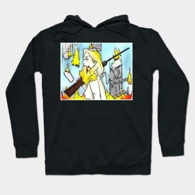 Black hoodie with bold graphic art, featuring a cartoon character and vibrant flames, made from soft cotton blend.