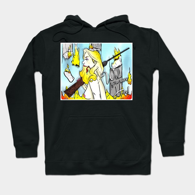 Black hoodie with bold graphic art, featuring a cartoon character and vibrant flames, made from soft cotton blend.