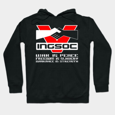 Black hoodie with INGSOC logo and slogan, featuring red and white design. Comfortable casual wear, cotton material.