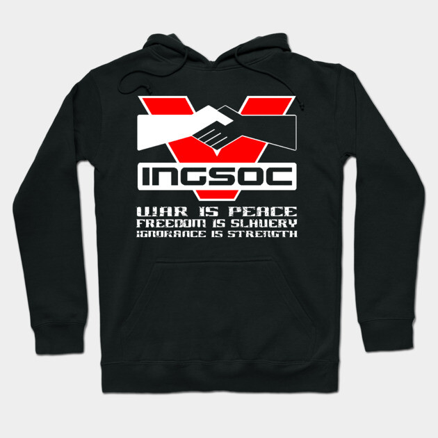 Black hoodie with INGSOC logo and slogan, featuring red and white design. Comfortable casual wear, cotton material.