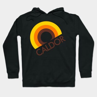 Black hoodie with retro rainbow design and "CALDOR" text, cozy cotton blend, casual wear for all seasons.