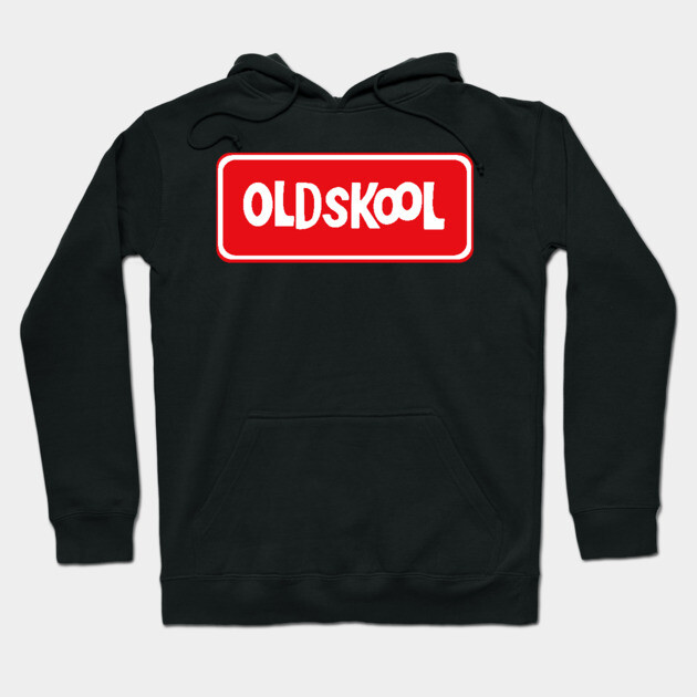 Black hoodie with red "Old Skool" graphic, casual style, cotton material, perfect for everyday wear.