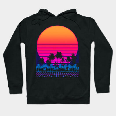 Black hoodie with vibrant retro sunset and palm tree design, perfect for casual wear, made from soft cotton blend.