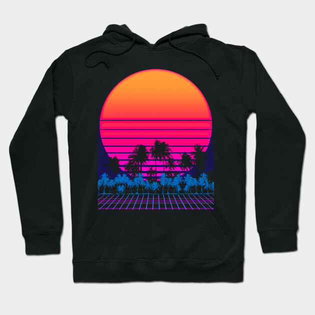 Black hoodie with vibrant retro sunset and palm tree design, perfect for casual wear, made from soft cotton blend.
