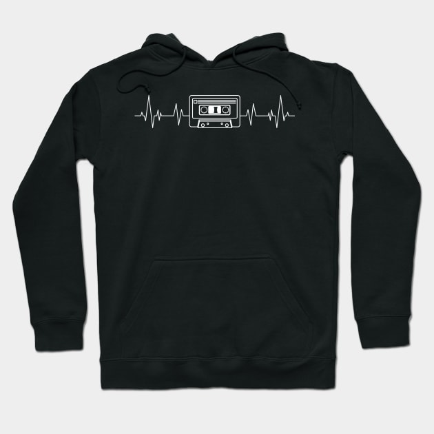 Black hoodie with cassette tape and heartbeat design, cotton material, casual style, ideal for music lovers.