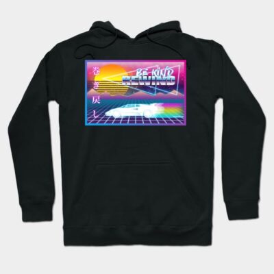 Black hoodie with retro neon graphic design, featuring futuristic car and sunset, ideal for casual wear.