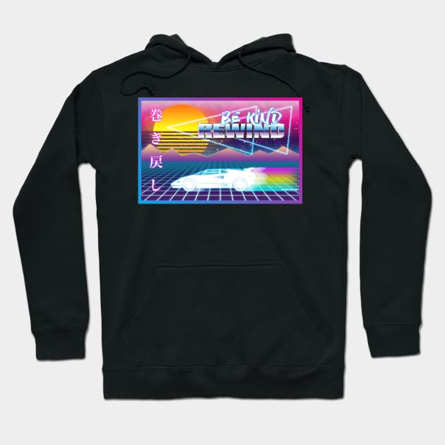 Black hoodie with retro neon graphic design, featuring futuristic car and sunset, ideal for casual wear.