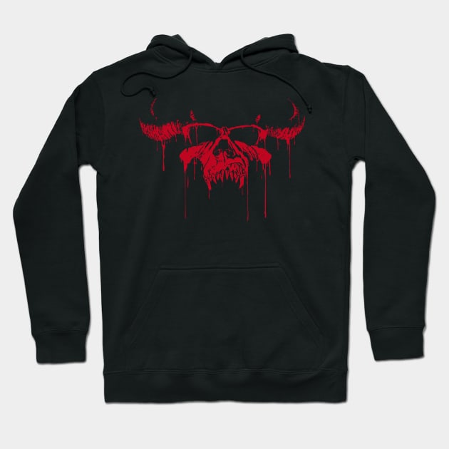 Black hoodie with red skull graphic, featuring a bold, dripping design. Perfect for casual wear and made of soft material.
