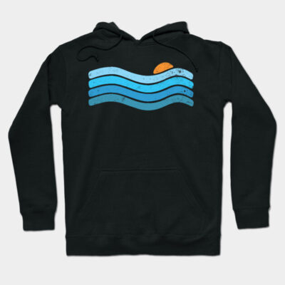 Black hoodie with blue wave and orange sun graphic, casual style, cotton material, unisex design for everyday wear.