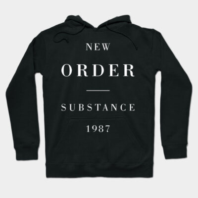 Black hoodie with "New Order Substance 1987" text, featuring a classic design. Ideal for casual wear, cotton material.