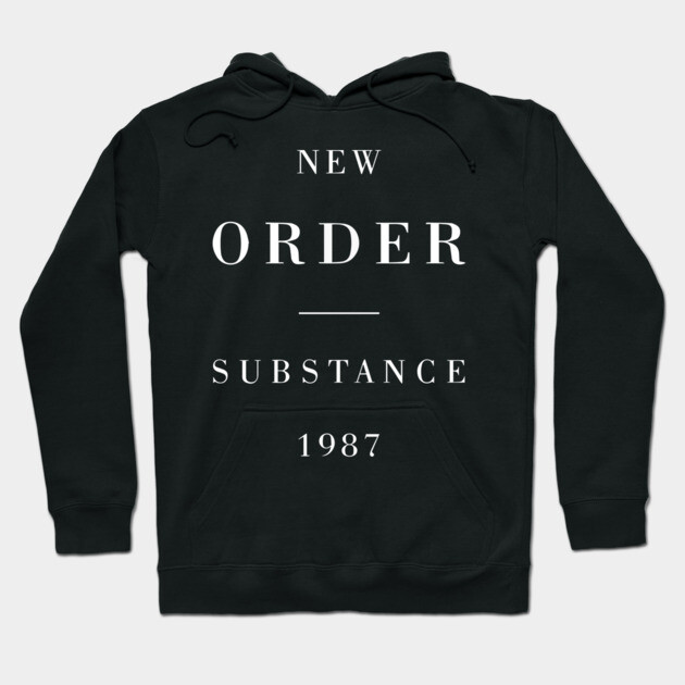 Black hoodie with "New Order Substance 1987" text, featuring a classic design. Ideal for casual wear, cotton material.
