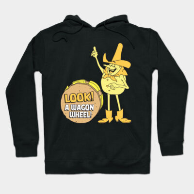 Black hoodie with cartoon character and "Look! A Wagon Wheel!" text in yellow. Ideal for casual wear and fans of quirky designs.