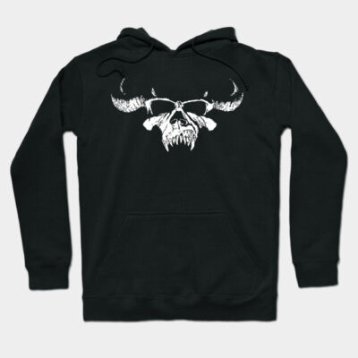 Black hoodie with a white skull and horns graphic design, featuring a cozy fit and drawstring hood for casual wear.