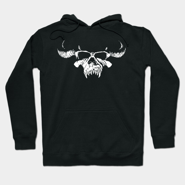 Black hoodie with a white skull and horns graphic design, featuring a cozy fit and drawstring hood for casual wear.