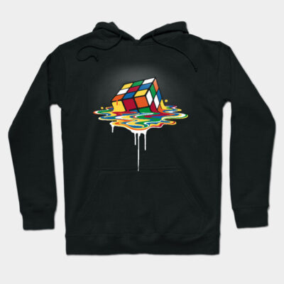 Black hoodie featuring a colorful melting cube design, perfect for casual wear, made from soft, comfortable material.