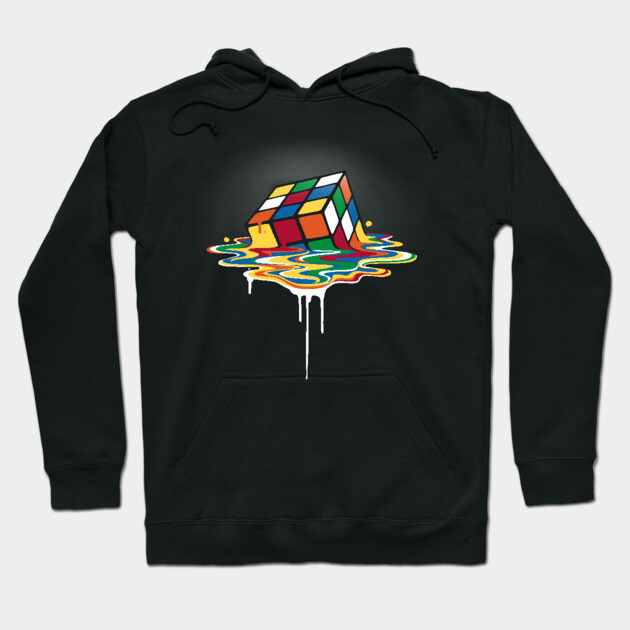 Black hoodie featuring a colorful melting cube design, perfect for casual wear, made from soft, comfortable material.