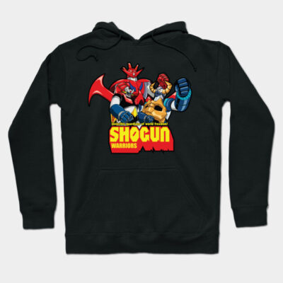 Black hoodie featuring colorful retro robot design, "Shogun Warriors" text, cozy cotton blend, casual wear.