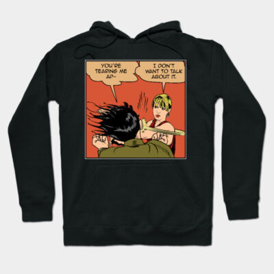 Black hoodie with comic-style graphic print, featuring bold colors and speech bubbles, ideal for casual wear.