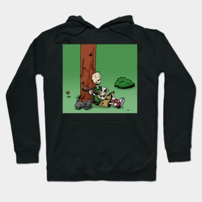 Black hoodie with cartoon print, featuring a character sitting under a tree. Casual style, perfect for everyday wear.