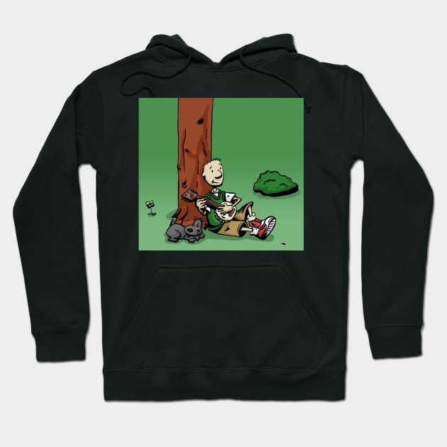 Black hoodie with cartoon print, featuring a character sitting under a tree. Casual style, perfect for everyday wear.