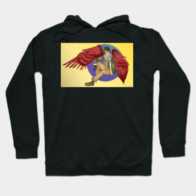 Black hoodie with vibrant red-winged character graphic, cotton blend, casual style, perfect for cool weather wear.