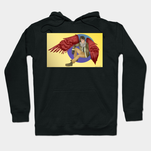 Black hoodie with vibrant red-winged character graphic, cotton blend, casual style, perfect for cool weather wear.