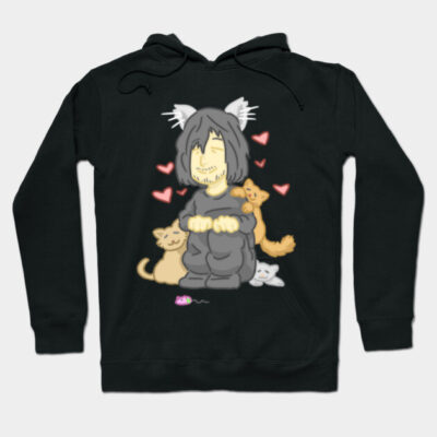 Black hoodie with cute cat illustration and hearts, featuring cozy design, perfect for casual wear and cat lovers.
