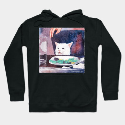 Black hoodie with a humorous cat meme print, featuring a white cat at dinner. Cozy wear for casual outings.