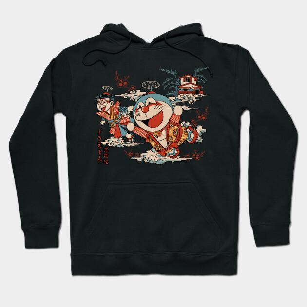 Black hoodie with colorful cartoon print, featuring playful design elements, ideal for casual wear.