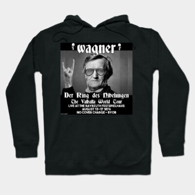 Black Wagner-themed hoodie with graphic design, featuring text and image, ideal for music and concert enthusiasts.