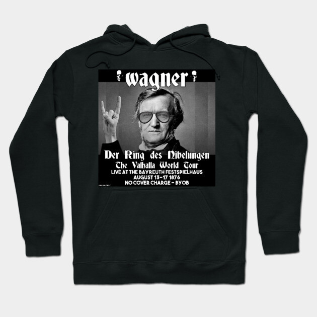 Black Wagner-themed hoodie with graphic design, featuring text and image, ideal for music and concert enthusiasts.