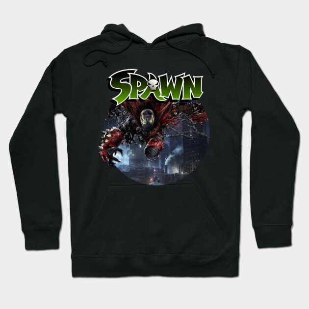 Black graphic hoodie with bold "Spawn" logo and dynamic cityscape design, ideal for casual wear and fan collections.
