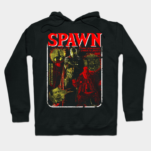 Black graphic hoodie featuring bold red and yellow design, perfect for casual wear. Comfortable cotton material.