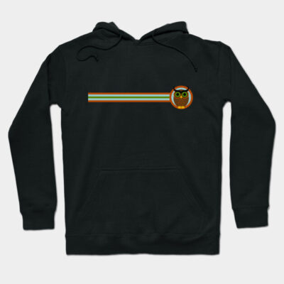 Black hoodie with colorful owl graphic and stripes, casual wear, cotton blend, unisex, perfect for chilly weather.